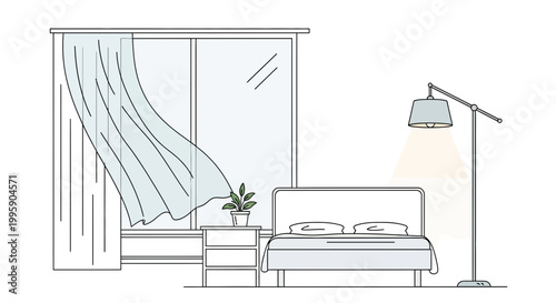 Minimalist bedroom interior with large window, sheer curtains blowing, bedside table, and floor lamp.