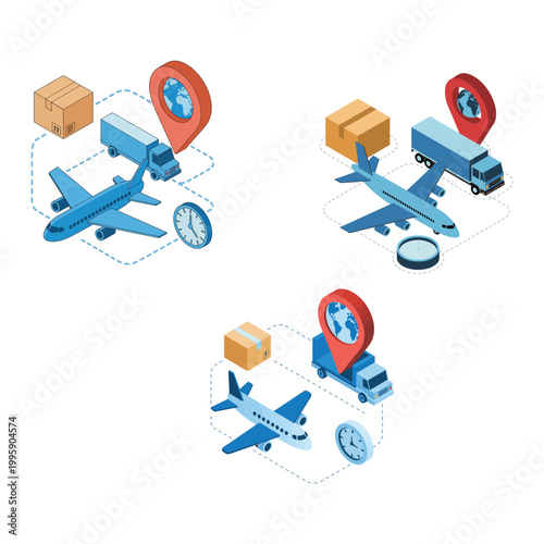 international shipping and freight transport concept with airplane cargo box truck and gps location pin vector design