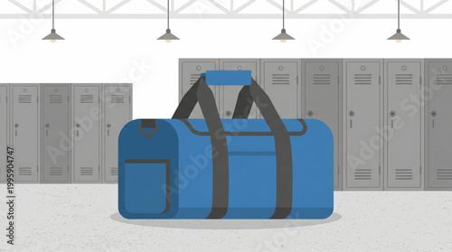 Gym locker room with blue duffel bag