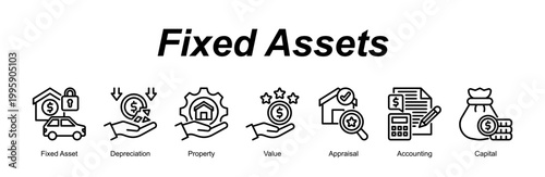 Fixed Assets banner web icon vector illustration concept with an icon of Fixed Asset, Depreciation, Property, Value, Appraisal, Accounting, Capital 