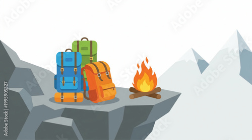 Camping scene with backpacks and a campfire on a mountain peak
