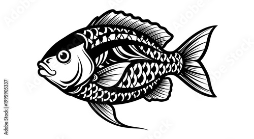 Ornate Fish Illustration, Black and White Decorative Aquatic Animal