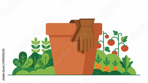 Gardening concept with potted plant, gloves and vegetables