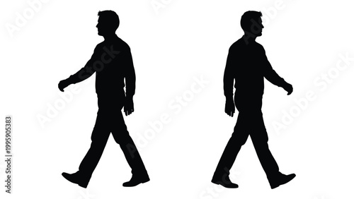 Fotografija Silhouettes of a man walking depicted in mirrored symmetry against a white backg