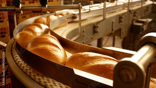 Industrial conveyor line in a bakery with freshly baked baguettes moving from the oven. Concept of bread production, food manufacturing, and automated baking process. Fresh bakery products, mass