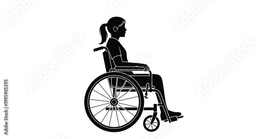 Silhouette of a young girl sitting in a wheelchair with her hair in a ponytail, seen in profile view.
