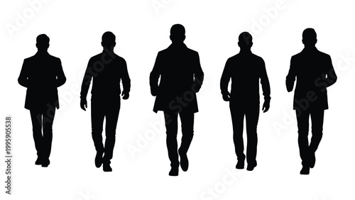 Five silhouetted men walking forward depicted in a minimalist black and white style