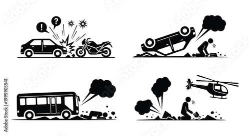Graphic set of black and white vector icons representing various dangerous traffic and road accidents