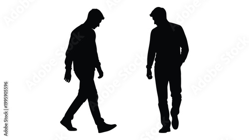 Two men walking depicted as black silhouettes against a plain white background