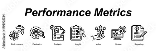 Performance Metrics banner web icon vector illustration concept with an icon of Performance, Evaluation, Analysis, Insight, Value, System, Reporting 