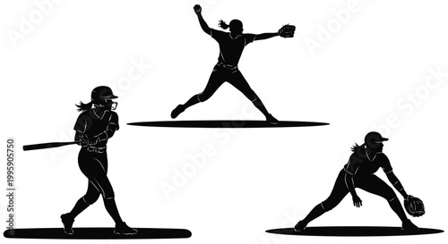 Dynamic silhouettes of female softball players demonstrating various athletic actions during a competitive game