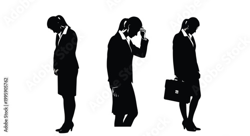 Three silhouettes of professional business women feeling sad and exhausted while standing in the office