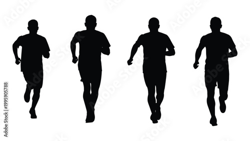 Four silhouetted figures of men running depicted in a dynamic and simplistic style