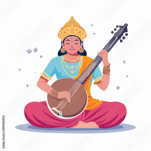 Illustration of Goddess Saraswati playing the Veena