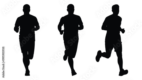 Three runners depicted in silhouette against a stark white background showcasing motion
