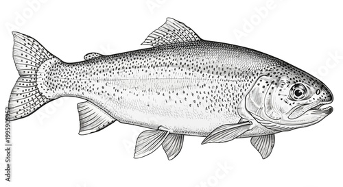 Rainbow Trout Illustration - Detailed Black and White Drawing of a Fish