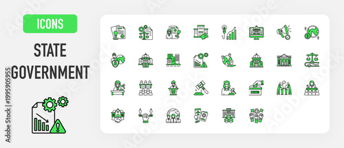 State Government icon. Public Administration, Legal System, Congress, Freedom Of Speech, Passport, Embassy, Society, Department, Capitol, White House, Authority, Constitution, Election vector. 