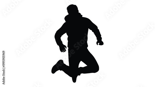 A silhouetted figure of a man dynamically leaping forward in mid air
