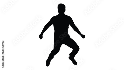 A silhouette of a man jumping with arms outstretched isolated on a white background
