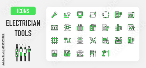 Electrician Tools icon. Bill, Electric Pole, Electric Meter, Energy Class, Transformer, Installation, Electrical Panel, Spare Part, Terminal Block, Cable, Wire Connection, Extention, Tester vector. 
