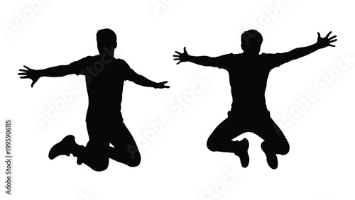 Two silhouetted figures joyfully jumping with outstretched arms against a white background