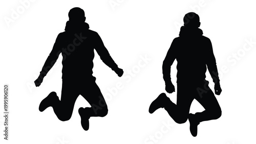 Two silhouetted figures are captured mid jump against a stark white background