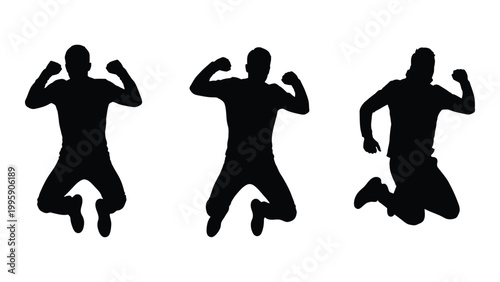 Three silhouetted men jumping with arms raised in a dynamic energetic pose against a white background