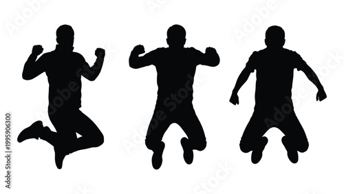 Three silhouetted figures are captured mid jump displaying energetic and dynamic poses against a white background