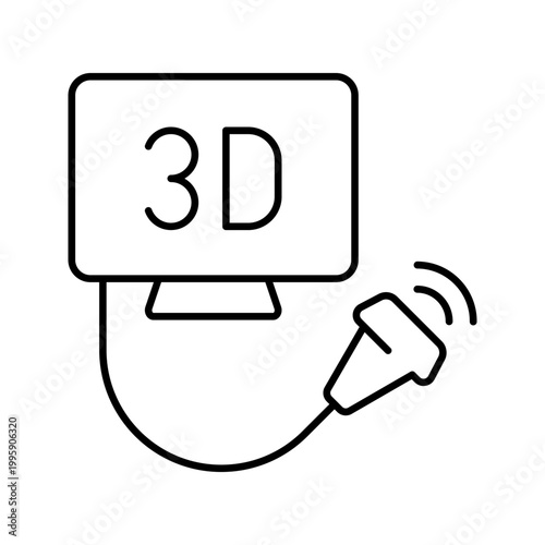 3d ultrasound icon. Healthcare and obstetric ultrasound line symbol. Black and white.