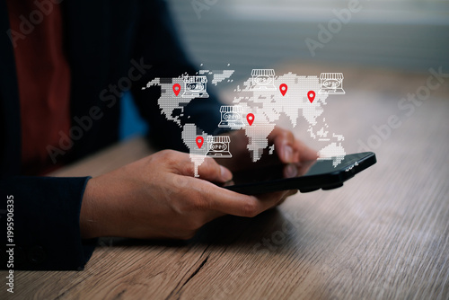 Man holding smartphone search global e-commerce map online store icons, location pins and digital marketplace network. Concept of mobile shopping international sales and retail expansion
