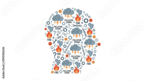 Human head silhouette filled with icons of environmental issues like storms, pollution, and fire, alongside question marks, symbolizing mental distress and concerns.