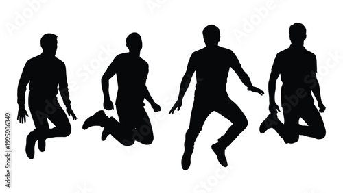 Silhouettes of four men in dynamic poses seemingly jumping or in motion