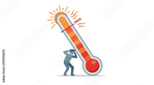 A person struggling under a giant thermometer showing maximum temperature, symbolizing extreme heat, global warming, or overwhelming pressure.