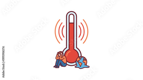 Vector illustration showing a person in despair next to a melting planet earth and a high-temperature thermometer, representing global warming and environmental anxiety.