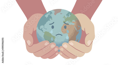 Hands gently holding a sad, crying Earth globe, symbolizing environmental protection and global warming concerns.