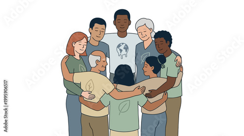 A diverse group of people of various ages and ethnicities stand in a circle, embracing each other, wearing shirts with environmental symbols.