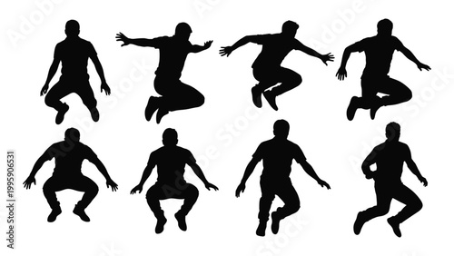 A collection of eight silhouetted figures dynamically jumping and expressing movement
