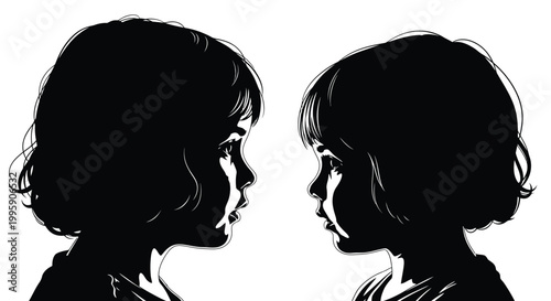Two young children looking at each other in this artistic black and white silhouette portrait graphic
