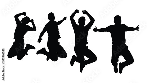 Four individuals are captured mid air in a joyful celebratory jumping pose against a white background