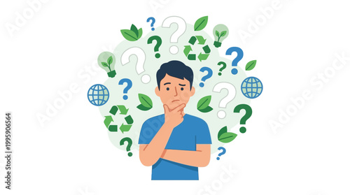 A man thinking about environmental issues and sustainability questions, surrounded by eco symbols.