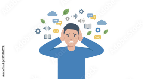 Man overwhelmed by information overload and mental clutter, covering ears to block out distractions and noise.