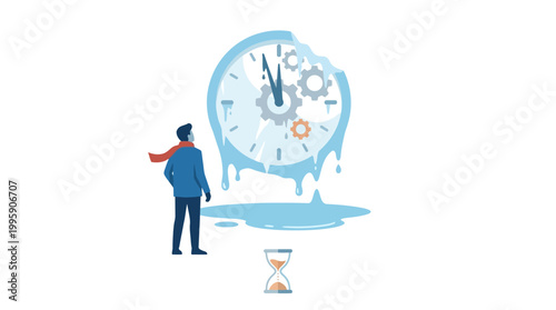A man observes a melting clock with gears and an hourglass, symbolizing time management and impending deadlines.