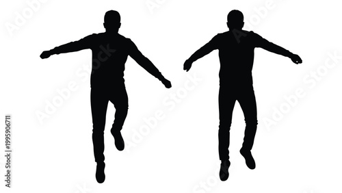 Silhouettes of two men with arms outstretched appearing to jump or dance