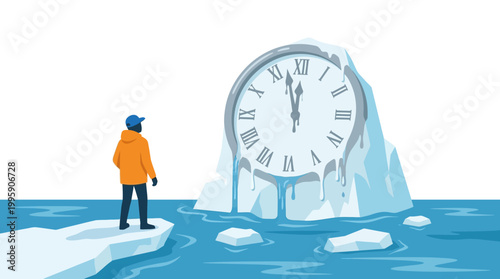 A person stands on melting ice, looking at a large clock frozen in ice, symbolizing climate change and the urgency of environmental action.