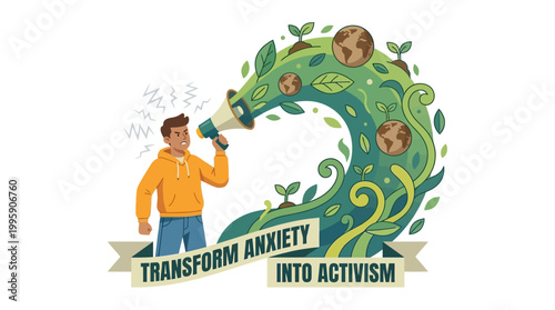 A person transforms anxiety into environmental activism, represented by a megaphone emitting a green wave with earth symbols and sprouts.
