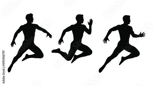 Three black silhouettes of men in dynamic running poses against a white background