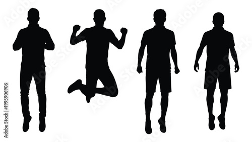 Silhouettes of four men in various active poses against a white background