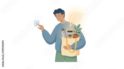 Man turning off light switch, holding reusable bag with eco-friendly items, symbolizing energy saving and sustainable lifestyle choices.