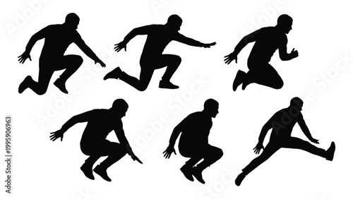 Silhouettes of multiple people dynamically leaping and running showcasing movement high quality