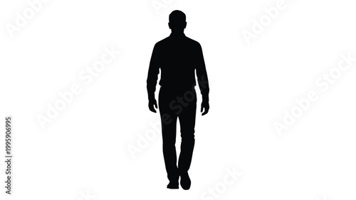 A full body silhouette of a man standing against a plain white background